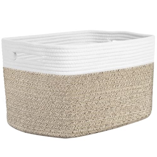 Storage Baskets for Organizing, 14 x 10 x 9” Closet Shelf Woven Baskets, Square Bins with Handles, Cotton Rope Basket for Clothes, Office, Room, White+Rice Brown 1 Pack