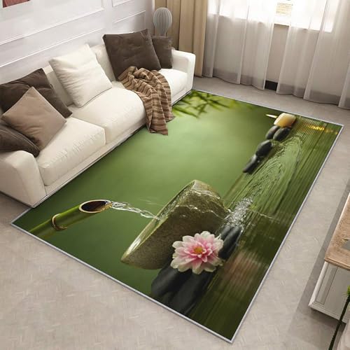 7x9 Washable Meditation Area Rugs for Living Room, Bamboo Leaves Rug for Bedroom, Zen Stone Home Decor, Non Slip Low Pile Soft Thin Indoor Carpet D&T46 - color: Black Green, size: 7' x 9' (Rectangular)