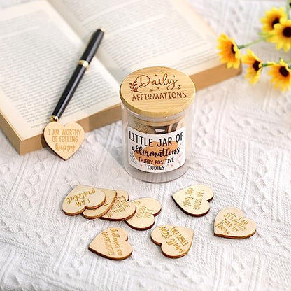 Daily Affirmation Cards for Women Jar Wooden Hearts Pins with Inspiring and Motivational Fridge Magnets Positive Quotes Self Care B-Day Mental Health Reminders Gift Idea for Friends Coworkers