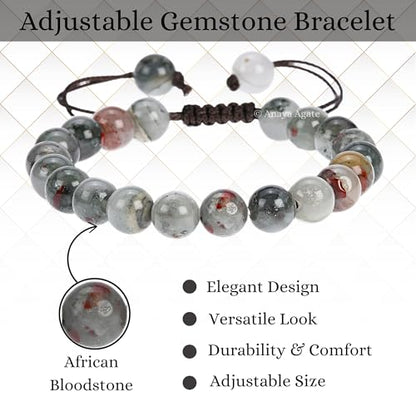 ANAYA AGATE Energy Protection Crystal Handmade Adjustable Bead Bracelet Perfect for Men, Women’s Christmas Gift - Gemstone Healing Stretch Bracelet Pulsera Para Hombre Mujer Stocking Stuffer - color: African Bloodstone