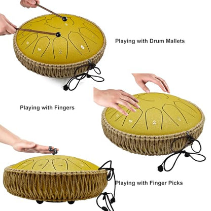 BETESINE 13-Inch 15-Note Steel Tongue Drum in C Major, Beginner-Friendly Meditation Drum with Mallets, Music Book, Finger Picks, Carry Bag & Note Stickers, Rock Gold - color: Rock Gold