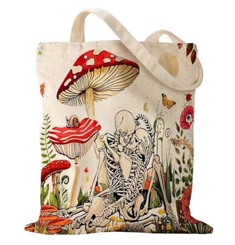 Miss Adola Aesthetic Canvas Tote Bag - Reusable Shoulder Tote Bag for Women Lady Casual Vacation, Shopping, Work, Gym - style: Mushroom Skeleton