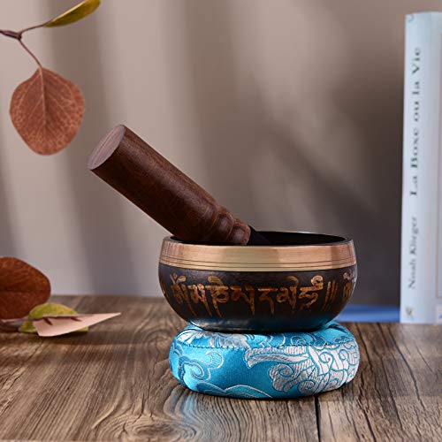 Tibetan Singing Bowl Set with 9.5cm/3.7inch Handmade Metal Sound Bowl & Soft Cushion(Random Color Delivery) & Wooden r for Meditation Sound Chakra Healing Yoga Relaxation