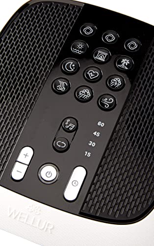 WELLUR - Stereo Sound White Noise and Natural Sound Sleep Machine with Relaxing Spa Music. Dual Build in Speakers & 3.5mm Headphone Jack, with Timer Option and USB 2.1A Port. Adapter Included (White)