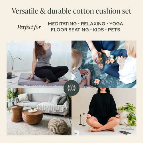 Mindful Modern Meditation Cushion & Zabuton Meditation Mat Bundle - 100% Cotton Meditation Cushion Set for Yoga - Buckwheat Crescent Shaped Zafu Floor Pillow Rectangular Mat - Slate Grey Color