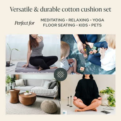 Mindful Modern Meditation Cushion & Zabuton Meditation Mat Bundle - 100% Cotton Meditation Cushion Set for Yoga - Buckwheat Crescent Shaped Zafu Floor Pillow Rectangular Mat - Slate Grey Color
