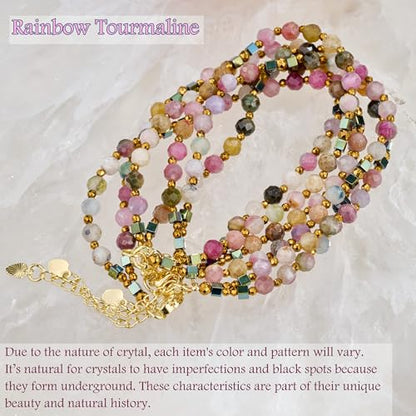 Farfume Beaded Bracelets for Women, Chakra Crystal 4mm Beads Gemstone Natural Stone Bead Spiritual Jewelry Gifts for Women - color: Rainbow Tourmaline-Happiness