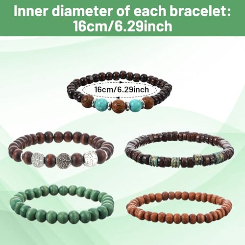 5 Pcs Beaded Bracelets, Elastic Wood Alloy Boho Stackable Handmade Beaded Bracelets, Boho Jewelry For Women Men