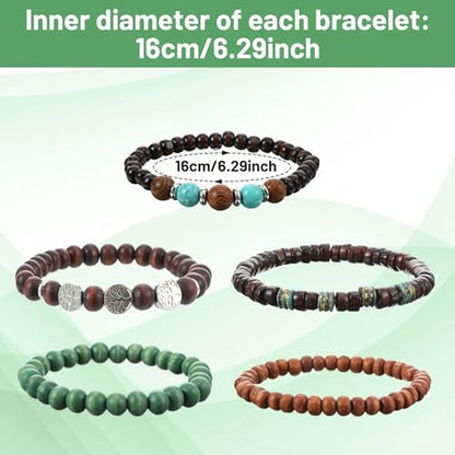 5 Pcs Beaded Bracelets, Elastic Wood Alloy Boho Stackable Handmade Beaded Bracelets, Boho Jewelry For Women Men