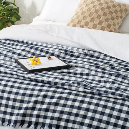 100% Cotton Throw Blanket Plaid Soft Lightweight Cozy Farmhouse Tassels Summer Thin Breathable Throws for Couch Sofa Bed (50" × 60" Navy Blue) - color: Navy Blue, size: 50"x60"