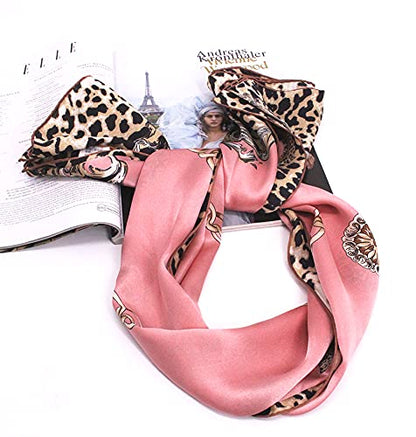 ANDANTINO 100% Silk Scarf 43" Large Square Lightweight Headscarf& Shawl–Women Hair Wraps-With Gift Packed - color: Leopard Print-pink