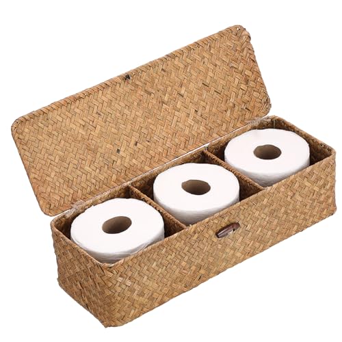 Hipiwe Handwoven Wicker Basket Box Rectangular Wardrobe Home Organizer with Lid 3 Sections Toilet Paper Holder Home Organizer for Tissue Snacks, Caramel - color: Caramel, size: Large