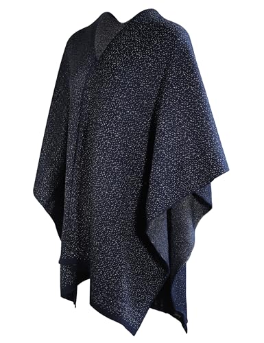 ZLYC Women's Shawl Golden Trim Knit Blanket Wrap Fringe Poncho Coat Cardigan - color: Solid Navy