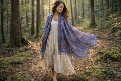 Tribe Azure Fair Trade Large Scarf Wrap Yoga Soft Cotton Mix Hand Printed Boho Bohemian White Black Yellow - color: Blue