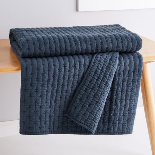 Levtex Home - Cross Stitch - Quilted Throw - 50x60in. - 100% Cotton - Reversible Pattern - Navy with Matching Stitching