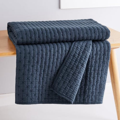 Levtex Home - Cross Stitch - Quilted Throw - 50x60in. - 100% Cotton - Reversible Pattern - Navy with Matching Stitching