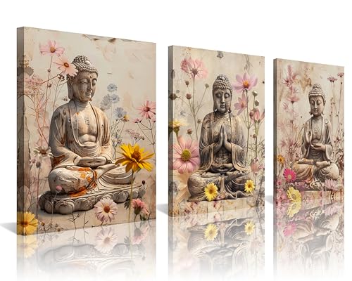 NAN Wind 3Pcs Buddha Statue Daisy Floral Accents Canvas Art Floral Buddha Zen Meditation Decor Spiritual Wall Art for Home Ready to Hang Spiritual Zen Decor Peaceful Meditation Art for Living Room - color: Buddha&Daisy, size: 12X16inchX3pcs