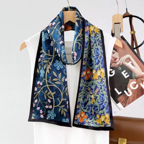 100% Silk Scarf for Women 59”*6.3” Long Shawls for Headscarf and Neck- Oblong Hair Wraps with Gift Packed - color: Floral-navy Blue