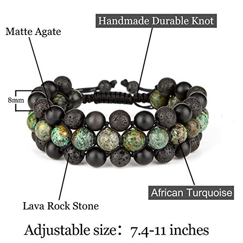 8mm Natural Lava Rock Stone Bracelets for Men, Healing Crystal Essential Oil Diffuser Beads Bracelet Chakra Yoga Energy Anxiety Gemstone Bracelet - color: African Turquoise + Lava Rock + Agate