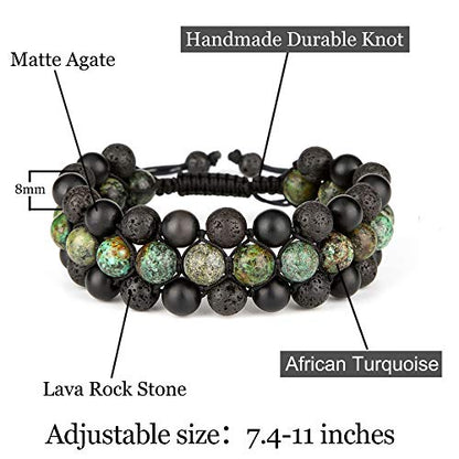 8mm Natural Lava Rock Stone Bracelets for Men, Healing Crystal Essential Oil Diffuser Beads Bracelet Chakra Yoga Energy Anxiety Gemstone Bracelet - color: African Turquoise + Lava Rock + Agate