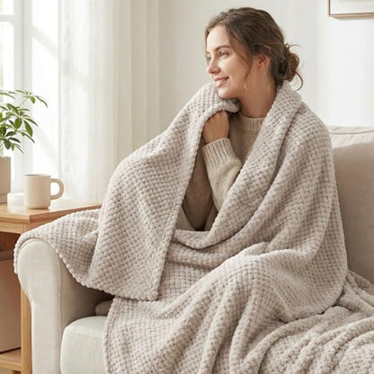 Exclusivo Mezcla Fleece Throw Blanket Extra Large, Super Soft and Warm Blankets for Couch, Sofa and Bed Waffle Textured, Cozy, Fuzzy and Lightweight (Tan, 50x70 Inches) - color: Tan, size: 50x70 in