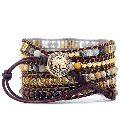 Boho Wrap Bracelet for Women, Handmade Natural Imperial Jasper Multi-Layer Stone Beaded Bracelet, Bohemian Healing Crystal Stone Jewelry Gifts - color: White Opal