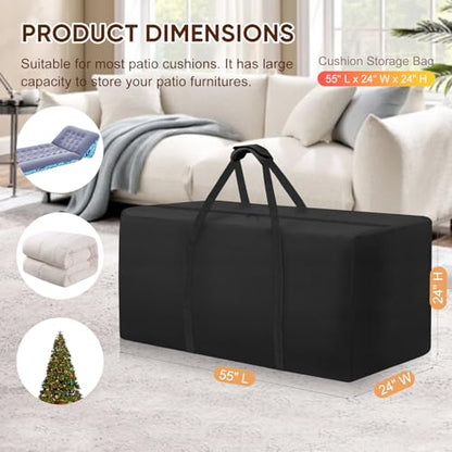 Outdoor Patio Cushion Storage Bag - Waterproof Large Patio furniture Cushion Organizer Storage Bag with Handle and Zipper, 55" L x 24" W x 24" H Big Foldable Duffle Cover - size: 55" L x 24" W x 24"