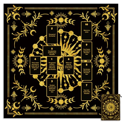 Tarot Altar Cloth Black Tablecloth Sun Lunar Phase Star Print Square Card Table Tablecloth with Velvet Tarot Card Bag for Reading Rituals Crystals Spiritual Divination Witchcraft Supplies - color: Sun Moon Stars