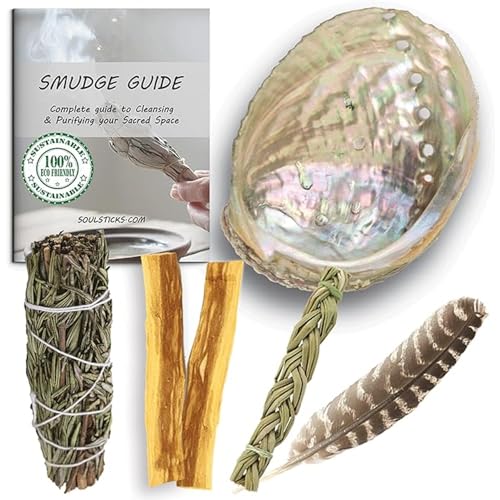 Ancient VEDA Organic Smudge Kit – Rosemary, Palo Santo, Sweetgrass, Abalone Shell, Feather & Smudge Guide | Smudging Kit for Home Energy Cleansing, Meditation, Healing (Healer's Kit, Rosemary Sage) - color: Rosemary Sage, size: Healer's Kit