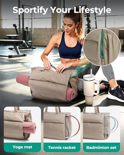 BAGSMART Yoga Tote Bag for Women with Knotted Handle, Lightweight Pilates Bag with Yoga Mat Holder, Gym Bag for Work Travel - color: Camel