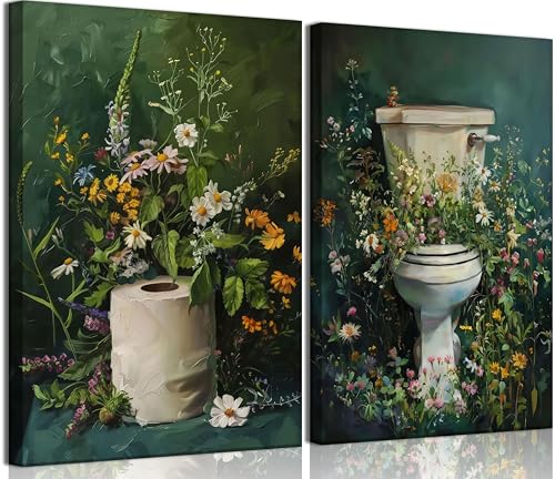 2Pcs Dark Green Bathroom Canvas Wall Art Botanical Toilet Moody Wildflowers Posters Prints Vintage Flowers Wall Pictures Decor for Bathroom Toilet Washroom Decorations