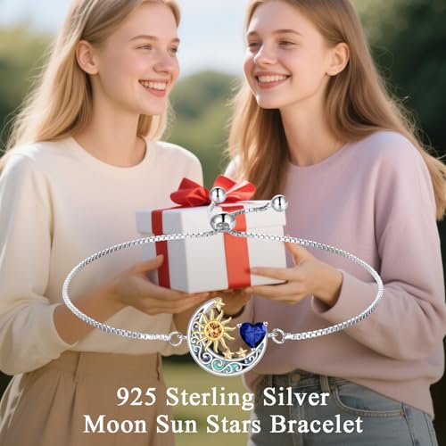 925 Sterling Silver Moon and Sun Star Adjustable Link Bracelet for Women with 12 Month Birthstone Birthday Jewelry - style: 09 - Sept.