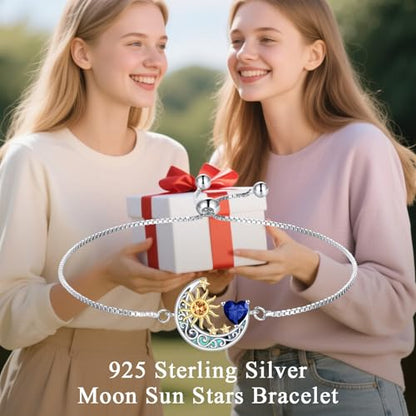 925 Sterling Silver Moon and Sun Star Adjustable Link Bracelet for Women with 12 Month Birthstone Birthday Jewelry - style: 09 - Sept.