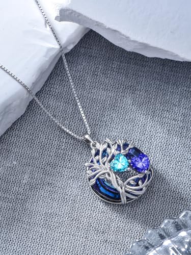 TOUPOP s925 Sterling Silver Family Celtic Tree of Life Pendant Necklaces with 2 Heart Birthstone with Blue Austrian Crystal Jewelry Birthday Valentines Day Gifts for Her, Anniversary Christmas Gifts for Wife Girlfriend Mom (18K Real White Gold Filled) - c
