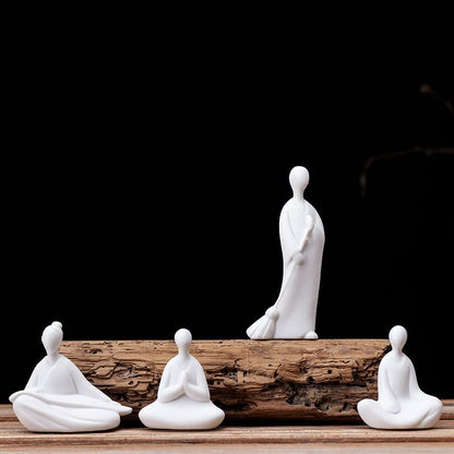 Ceramic Minimalist Statue, Chinese Ancient Buddhism Statues and Sculptures Table Top Bookshelf Top Desk/Bookshelf/Dinning Table/Teahouse Home Decor, Yoga/Zen/ Meditation/Inner Peace Decor (Set of 4)