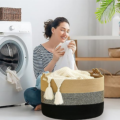 KAKAMAY Large Blanket Basket (20"x13"),Woven Rope Baskets for storage Baby Laundry Hamper, Cotton Rope Blanket Basket for Living Room, Laundry, Nursery, Pillows,Baby Toy chest (Jute/Black) - color: Black