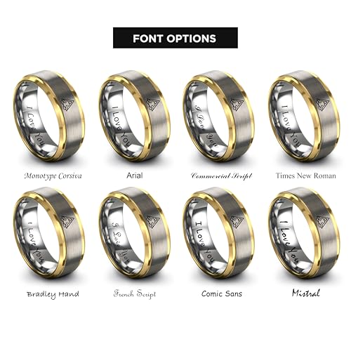 Gift for Yoga Fan - Yoga Meditation Ring - Flat Dome Bevel - Band - Men Women - Brushed Polished - Tungsten - Personalized Custom Engraving - 8mm - Anniversary Wedding - Yellow Rose Gold Silver - color: 08 - Yellow Gold Grey Tungsten