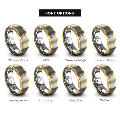 Gift for Yoga Fan - Yoga Meditation Ring - Flat Dome Bevel - Band - Men Women - Brushed Polished - Tungsten - Personalized Custom Engraving - 8mm - Anniversary Wedding - Yellow Rose Gold Silver - color: 08 - Yellow Gold Grey Tungsten