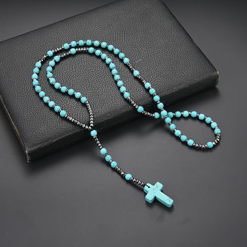 LIYAPEI Triple Protection Necklace with Tiger Eye, Obsidian, and Hematite - Stylish Men's Cross Necklace and Women's Y-Shaped Sweater Chain An Anxiety Relief Beaded Necklace. - color: green