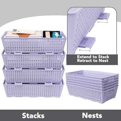 Tiawudi Stackable Woven Plastic Basket, Storage Bins for Cabinet, Closet, Shelf, Under Sink and Countertop, Pantry Organizer Bins, 6 Pack - color: Violet