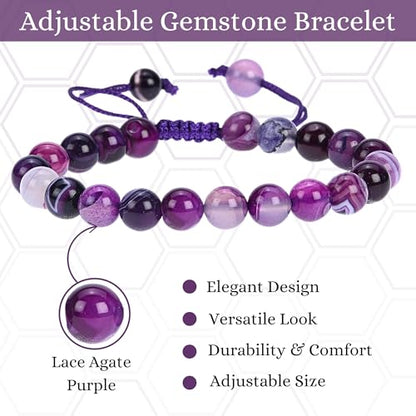 ANAYA AGATE Energy Protection Crystal Handmade Adjustable Bead Bracelet Perfect for Men, Women’s Christmas Gift - Gemstone Healing Stretch Bracelet Pulsera Para Hombre Mujer Stocking Stuffer - color: Lace Agate Purple