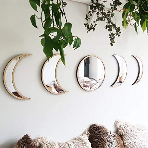 Scandinavian Decor 5-Piece Acrylic Wall Decor - Wooden Moon Phase Mirror, Bohemian Design for Living Room, Bedroom - Beige - color: Beige
