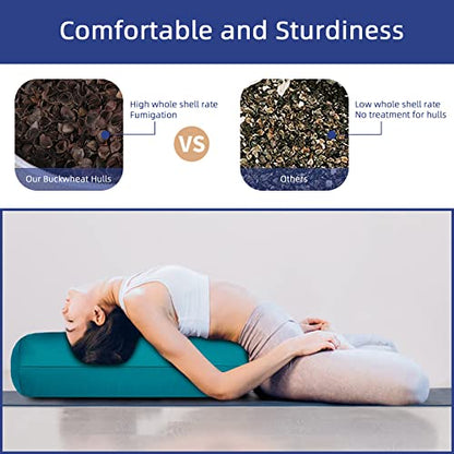 Organic Buckwheat Bolster (24X10.5X5.5 in) Supportive Rectangular Meditation Pillow 100% Cotton Cover Yoga Pillow - color: Light Grey