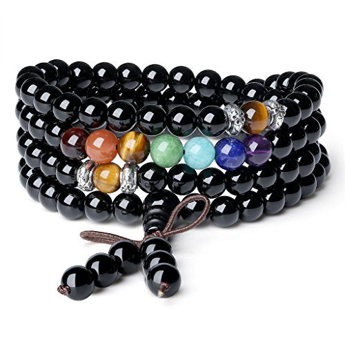COAI 108 Japa Mala 7 Chakra Stone Wrap Bracelet Necklace - style: Onyx
