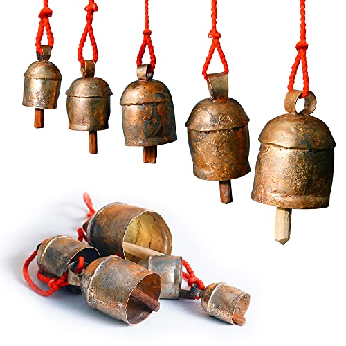 Handmade Rustic Wind Chimes with 5 Brass-Coated Metal Bells (30") – Boho Hanging Bell for Outdoor Patio, Lawn, Balcony, Garden, Door, Farmhouse & Vintage Christmas Decor