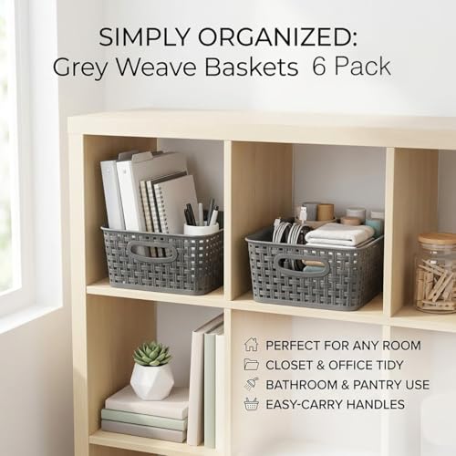 Weave Plastic Storage Basket 6-Pack, Woven Grey Baskets Bins for Organizing Bathroom, Kitchen and Office