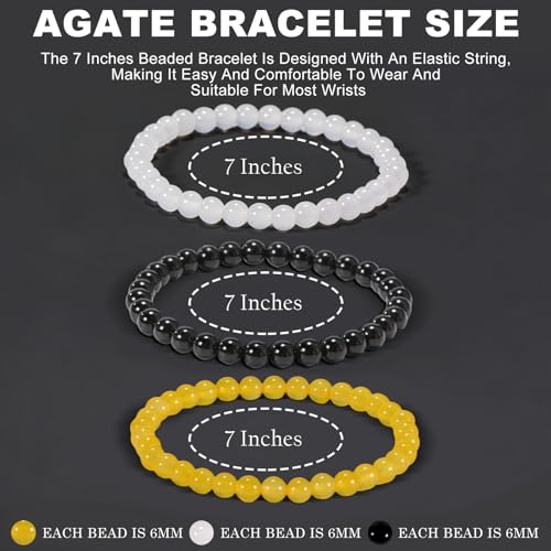 3PCS Agate Bracelet for Women Men Natural Round Beaded Agates Stone Healing Stretch Bracelets Elastic Handmade Polished Gemstone Beads Bracelet - color: Black+Yellow+White