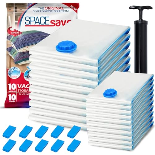 20 Pack Variety Vacuum Storage Bags for Comforters, Blankets & Clothes – Vacuum Sealed Compression Bags with Hand Pump – Space Saver Storage Bags for Bedding, Moving, Travel & Organization (10S & 10M)