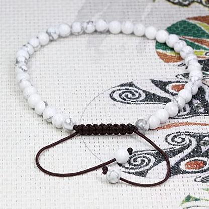 Keleny Natural Gemtones 4mm Round Beads Crystal Adjustable Braided Macrame Tassels Bracelets Unisex - color: White Howlite