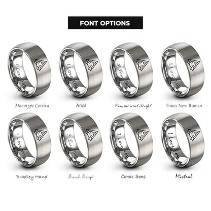 Gift for Yoga Fan - Yoga Meditation Ring - Flat Dome Bevel - Band - Men Women - Brushed Polished - Tungsten - Personalized Custom Engraving - 8mm - Anniversary Wedding - Yellow Rose Gold Silver - color: 01 - Grey Tungsten